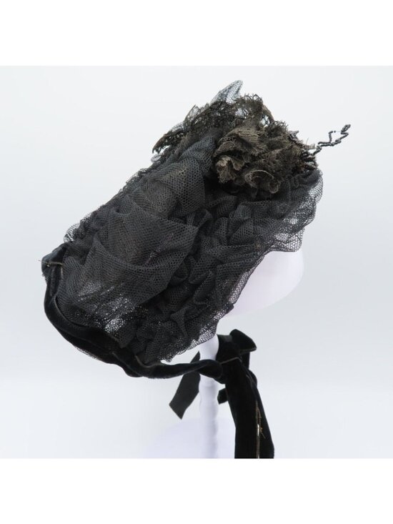 Womens One Size Mourning Hat Late 1800s Lace Netting Beaded Leaves Velvet Tie main image 13
